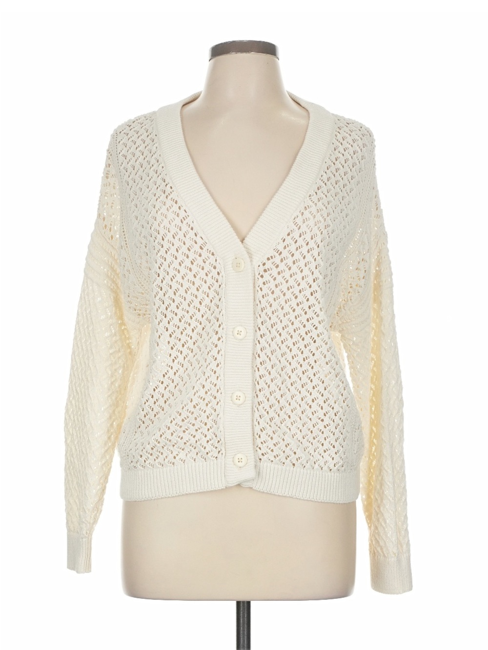 Splendid Cream Open-Knit V-Neck Button Cardigan